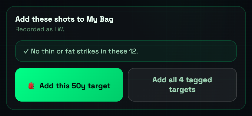 ShotIQ Target Lab add-to-bag panel showing a strike-quality check and options to add one target or all four
